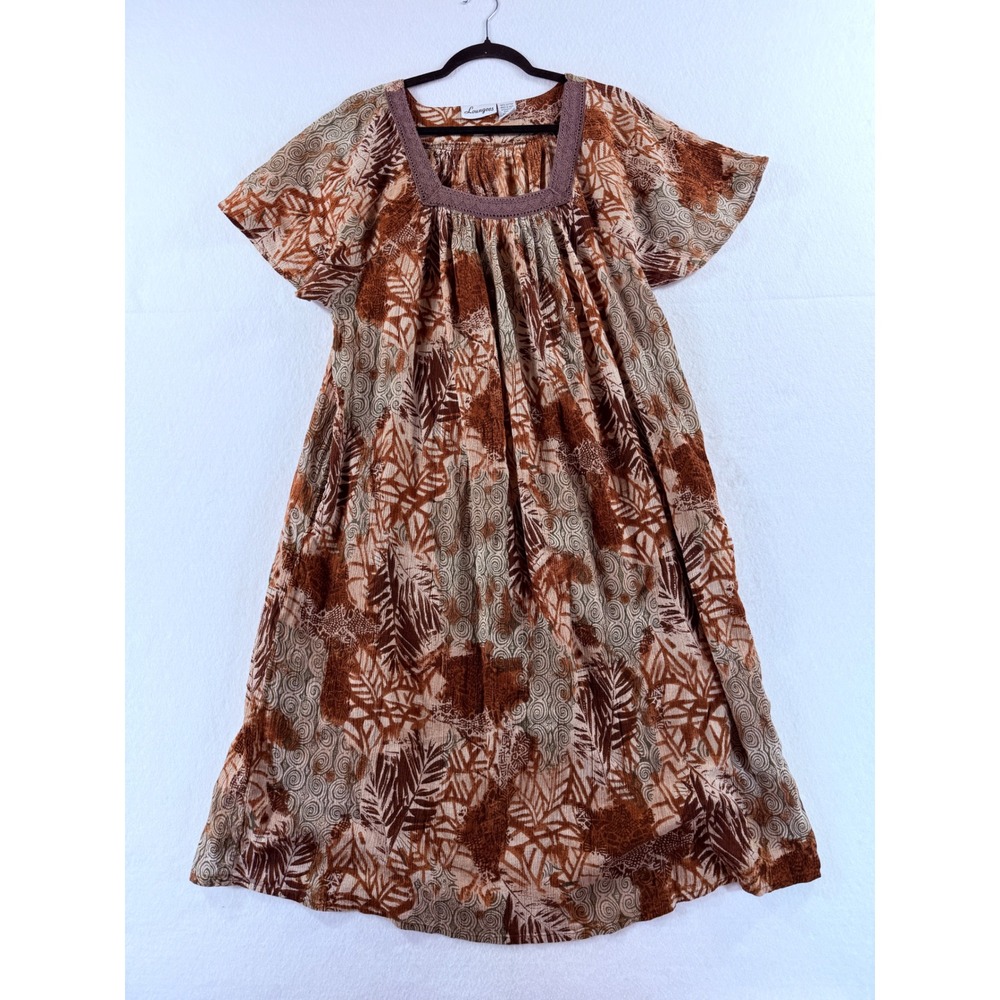 Loungees Muumuu House Dress Women Large Brown Tropical Boho Coastal Cottagecore